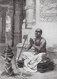 Ramanuja overvejer sin filosofi om den ene personlige gud, AD 1100 (litho) af Margaret (after) Dovaston