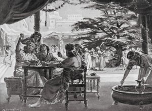 Jubel i Babylon over Esarhaddons genopbygning af byen (litografi)