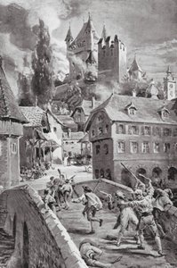 Afbrændingen af slottet Wadenschwyl i 1804 (litografi) af Margaret (after) Dovaston