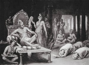 Vikramanka Chalukhya sender et venligt brev til Kulottunga Chola (litografi) af Margaret (after) Dovaston