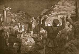 En tysk officer og 14 af hans mænd råber om nåde til løjtnant Leach (litografi) af Margaret Dovaston