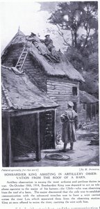 Bombadier King hjælper med artilleriobservationer fra taget af en lade på den anden side af floden Lys oktober 1914 (litografi) af Margaret Dovaston