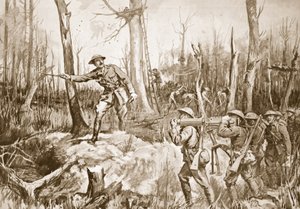 Kaptajn (midlertidig oberstløjtnant) R.B. Barker organiserer forsvaret af en skov (litografi) af Margaret Dovaston