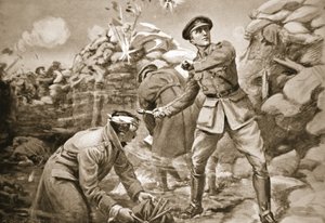 Kaptajn Vickers holdt fjenden på afstand, mens der blev bygget en barriere bag ham (litografi) af Margaret Dovaston