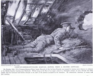 Kompagnisergent Major Barwick skyder fra en ødelagt hytte ved Ghehuvelt oktober 1914 (litografi) af Margaret Dovaston
