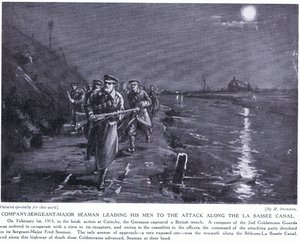 Kompagniets sergent, major Seaman, fører sine mænd langs La Basse-kanalen i februar 1915 (litografi) af Margaret Dovaston
