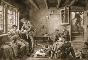 Lance-Corporal Royall tager sig af de sårede i en landevejskro, der var under beskydning (litografi) af Margaret Dovaston
