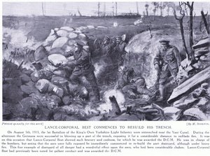 Underkorporal Best blev tildelt en DCM for at begynde at genopbygge sin skyttegrav ved Yser-kanalen under kraftig beskydning i august 1915 (litografi). af Margaret Dovaston