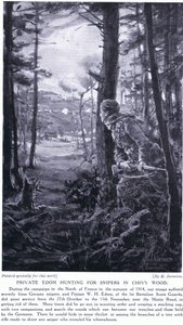Menig Edom på jagt efter snigskytter i Chivy Wood, efteråret 1914 (litografi) af Margaret Dovaston