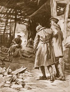 Menig J.S. Kerr yder førstehjælp til de sårede på en gård, der blev kraftigt beskudt (litografi)