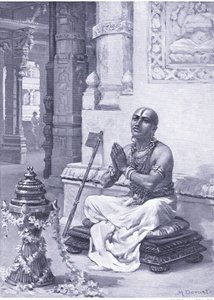 Ramanuja overvejer sin filosofi om den ene personlige Gud 1100 e.Kr (litografi)