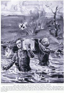 Sidste etape af løjtnant Smyths heltemodige rejse: Tildelt Victoriakorset i maj 1915 (litografi) af Margaret Dovaston