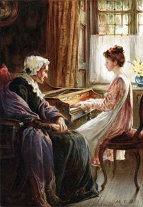 Deres aftenhymne. Kromolitografi efter maleri af den engelske kunstner Margaret Isabel Dicksee (1858-1903) udgivet i 1892. En ung pige spiller klavermusik (cembalo) for sin gamle bedstemor.