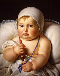 Baby med rangle (olie på lærred) af Marguerite Gerard
