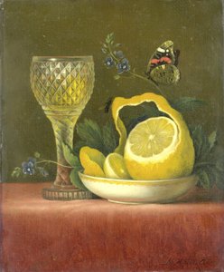 Stilleben med citron og skåret glas af Maria Margaretha van Os