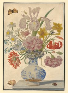 Kinesisk vase med iris, liljer og nelliker. På bordet ses en sommerfugl til venstre og en oldenborre til højre af Maria Sibylla Merian