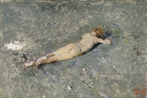 Nøgent barn liggende på stranden ved Portici (Nøgen på stranden ved Portici) - Maleri af Mariano Fortuny (1838-1874)