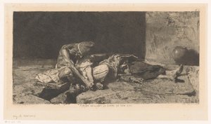 Arabisk mand våger over sin vens døde lig Arabe veillant sur le corps de son ami (titel på objektet)