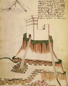 Undersøgelse af den korrekte installation af en brønd og dræning til en fæstning,, illustration fra et værk af Mariano di Jacopo Vanni, kendt som Taccola (15. århundrede), manuskript af Mariano di Jacopo (1382 c.1453) (after)