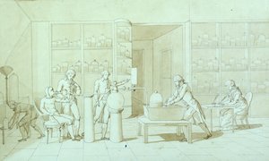 Antoine Lavoisier (1743-94) og hans eksperimenter med respiration (pen og blæk og sepia vask på papir) af Marie Anne Pierrette Lavoisier