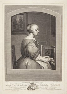 En hollandsk kvinde spiller cembalo, set gennem et vindue af Marie Louise Adélaïde Boizot