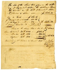 Dokument vedrørende salg af slaver og andel til forskellige personer, november 1831 af Marie Therese Cerre Chouteau