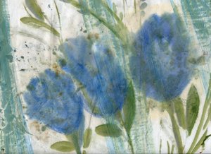 Blå blomster, 2020 (blandet medie på A4-papir) af Marina Falco