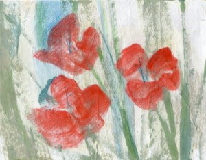 Røde blomster, 2020 (blandet medie på A4-papir)