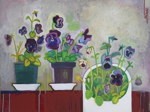 Farvestrålende stedmoderblomster i krukker af Marina Gorkaeva