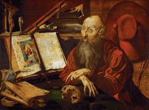 Sankt Jerome dans sa cellule - Sankt Jerome i sin celle, af Reymerswaele, Marinus Claesz, van (ca. 1490-efter 1567). Olie på træ, ca 1545. Mål : 80x108 cm. Kunsthistorisk museum, Vienne