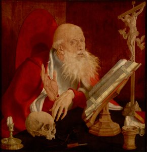 Sankt Jerome dans sa cellule - Sankt Jerome i sin celle, af Reymerswaele, Marinus Claesz, van (ca. 1490-efter 1567). Olie på træ, ca 1545. Mål: 84,3x82,5 cm. Brukenthal Nationalmuseum, Sibiu