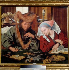 Pengeveksleren og hans kone Et par pengeudlånere tæller og vejer penge. Maleri af Marinus Claeszoon van Reymerswaele (1493-1567) 1538 Madrid, Prado Museum