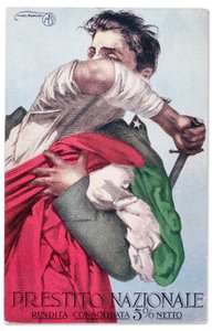 En italiensk soldat forsvarer trikoloren med trukket sværd. Propagandapostkort for det nationale lån, ca. 1915-18 (postkort)