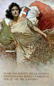 Tegning af en allegori over Italien befriet fra første verdenskrigs åg. (farve litho)