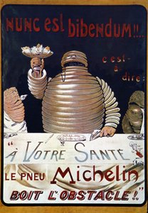 Reklameplakat Michelin-dæk: Nunc er en bibendum, Michelin-dækket drikker op ad forhindringen af Marius Rossillon
