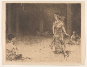Wayang Wong (original titel på objekt) Indisk hyldest i anledning af H.M. Dronningens sølvbryllupsfest (original serietitel på objektet) af Marius Bauer (signed by artist)