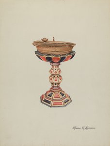 Døbefont og stativ, ca. 1939.