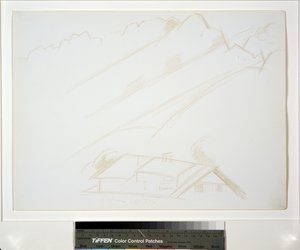 Bjerglandskab, bygning i forgrunden af Marsden Hartley