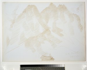 Bjerglandskab med bygninger i forgrunden af Marsden Hartley