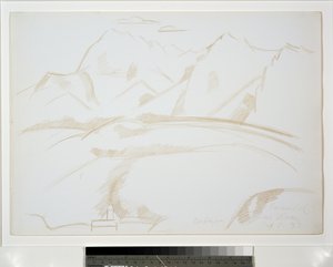Bjerglandskab med kirketårn i forgrunden af Marsden Hartley