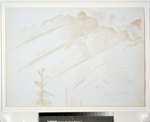 Bjerglandskab med skyer og træer af Marsden Hartley