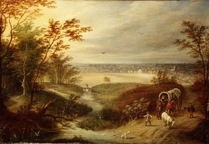 Et omfattende skovlandskab med en vogn ved et vadested af Marten (attr. to) Ryckaert