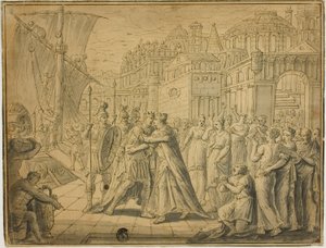 Dido og Aeneas omfavner sig foran portene til Carthage af Marten de Vos