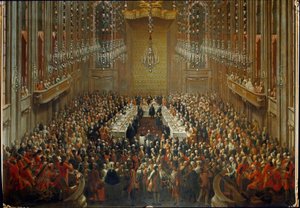 Banket i anledning af brylluppet mellem kejser Joseph II og Isabella af Parma den 06/10/1760. Med Mozart stående i orkestret af Martin (and studio) Mytens or Meytens