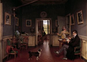Et indvendigt billede af en spisestue i 1815 En mand i en tøffel tager sin morgenmad foran hundens øjne. Maleri af Martin Drolling (1752-1817)