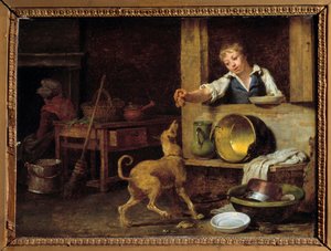 Køkkenindretning En ung tjener giver hunden resterne. Maleri af Martin Drolling (1752-1817) 1800-tallets Orleans, Museum of Fine Arts