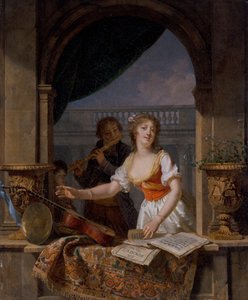 En ung dame, der rækker ud efter en guitar ved en stenkasse, og en dreng, der spiller på fløjte af Martin Drölling