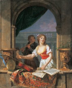 En ung dame, der rækker ud efter en guitar ved en stenramme og en dreng, der spiller på fløjte, 1796-97