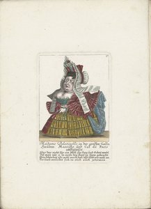 De Franse dwerg Madame Palatinelle, ca. 1710 Madame Palatinelle, motorhjelmer, mantilla og cul de Paris klædt ud i den store Galla (titel på objektet) Il Callotto resurcitato eller nyindrettet lille kabinet (serietitel) af Martin Engelbrecht (attributed to)