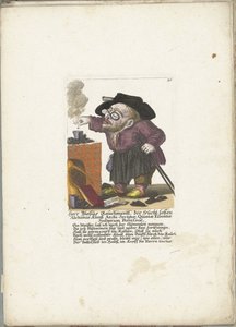De werg Blasius Rauchmantl som alkymist, ca. 1710 Herr Blasius Rauchmantl, der frucht-loßen Alchimie kunst Ærkesekterisk, besidder af fjolsets femte essens (titel på objektet) Il Callotto resurcitato oder Neu eingrichtes Zwerchen Cabinet (serie ti